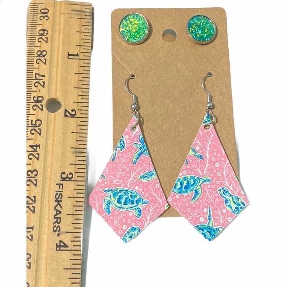 Sea Turtle Pink Drop Earrings Green Druzy‎ Stud Set - Picture 4 of 4